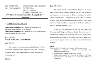 Première page de Anglais 3e, 3e ML — 1er devoir surveillé, 1er semestre (2018-2019) · CEG Banikanni