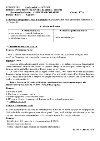 Première page de Histoire-Géographie 1ère A2 — Devoir surveillé, 1er semestre (2022-2023) · CEG SEKERE