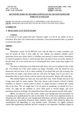Première page de Anglais 1ère C, 1ère D — 2e devoir surveillé, 2e semestre (2018-2019) · CEG du Lac