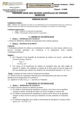Première page de PCT 3e — 1er devoir surveillé, 1er semestre (2022-2023) · CEG ATROKPOCODJI