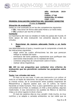 Première page de Espagnol 2nde B — 2019-2020 · CEG ADJOVICODJI 'LES OLIVIERS'