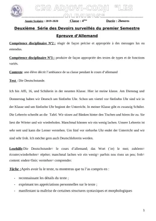 Première page de Allemand 4e ML — 2e devoir surveillé, 1er semestre (2019-2020) · CEG ADJOVICODJI 'LES OLIVIERS'