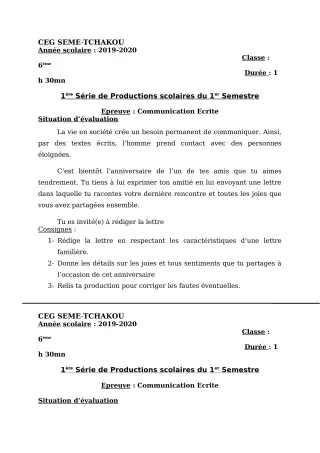 Première page de Français 6e, 5e, 4e, 3e — 1re production scolaire, 1er semestre (2019-2020) · CEG Sème tchakou