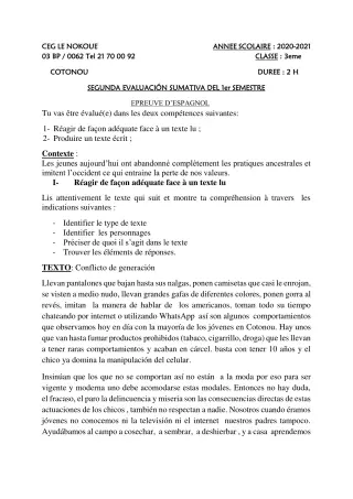 Première page de Espagnol 3e, 3e ML — 1er semestre (2020-2021) · CEG LE NOKOUE