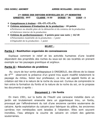 Première page de SVT 4e — 1er devoir surveillé, 1er semestre (2022-2023) · CEG GOHO