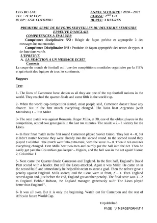 Première page de Anglais 2nde C, 2nde D — 1er devoir surveillé, 2e semestre (2020-2021) · CEG du Lac