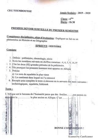 Première page de Histoire-Géographie 6e — 1er devoir surveillé, 1er semestre (2018-2019) · CEG TOUMBOUTOU