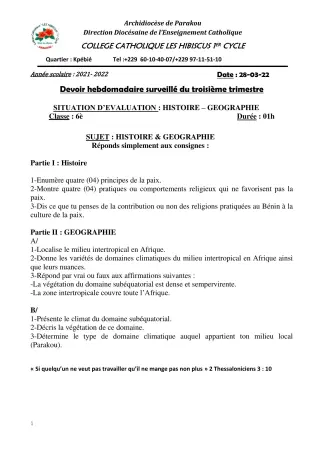Première page de Histoire-Géographie 6e — 2e devoir surveillé, 3e trimestre (2021-2022) · Hibiscus 1er cycle