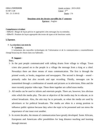 Première page de Anglais 4e ML&MC — 2e devoir surveillé, 1er semestre (2019-2020) · CEG L'Entente