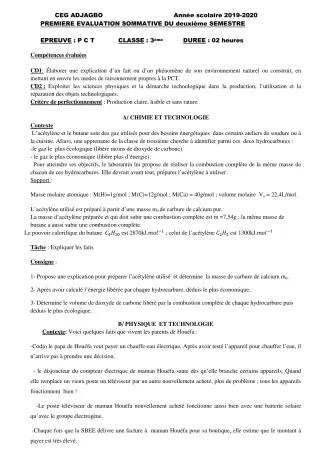 Première page de PCT 3e — 1re évaluation sommative, 2e semestre (2019-2020) · CEG ADJAGBO