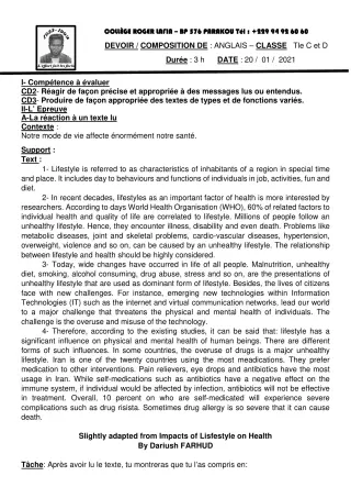 Première page de Anglais Tle C, Tle D — Composition (2020-2021) · CPEG Roger LAFIA