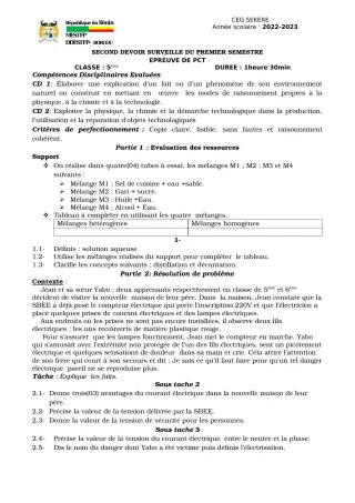 Première page de PCT 5e — 2e devoir surveillé, 1er semestre (2022-2023) · CEG SEKERE