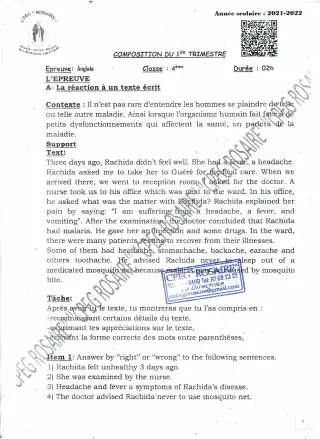 Première page de Anglais 4e, 4e ML — Composition, 1er trimestre (2021-2022) · CPEG ROSAIRE