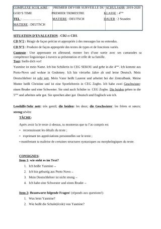 Première page de Allemand 4e — 1er devoir surveillé, 1er trimestre (2019-2020) · CPEG GOD'S TIME