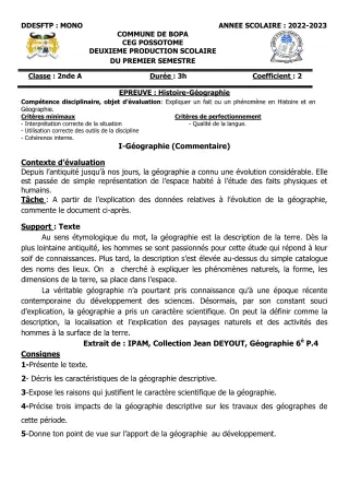 Première page de Histoire-Géographie 2nde A & B — 2e production scolaire, 1er semestre (2022-2023) · CEG POSSOTOME