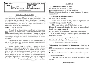 Première page de Français 6e, 5e, 4e, 4e ML, 3e, 3e ML — 1er devoir surveillé, 1er semestre (2019-2020) · CEG 2 N'DALI