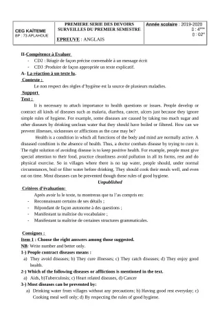Première page de Anglais 4e, 4e ML — 1er devoir surveillé, 1er semestre (2019-2020) · CEG Kaïtèmè
