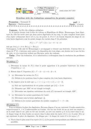 Première page de Mathématiques Tle D — 2e évaluation sommative, 1er semestre (2017-2018) · CEG C.P de Dompago