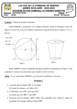 Première page de Mathématiques 3e — 2e devoir surveillé, 1er semestre (2023-2024) · CEG SEKERE