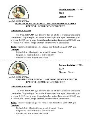 Première page de Français 5e — 1re évaluation sommative, 1er semestre (2019-2020) · CPEG Ste Thérèse de Zinvié