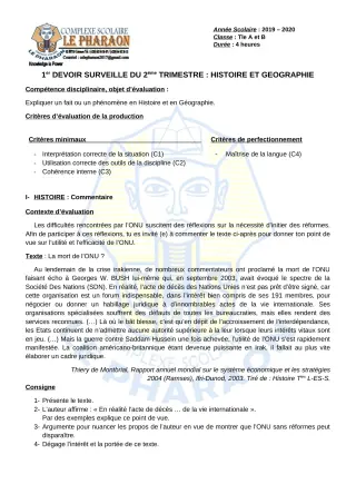 Première page de Histoire-Géographie Tle A, Tle B — 1er devoir surveillé, 2e trimestre (2019-2020) · CPEG LE PHARAON