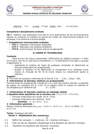 Première page de PCT 2nde D — 1er devoir surveillé, 2e trimestre (2023-2024) · CPEG le Partage