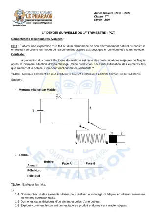 Première page de PCT 5e — 1er devoir surveillé, 1er trimestre (2019-2020) · CPEG LE PHARAON