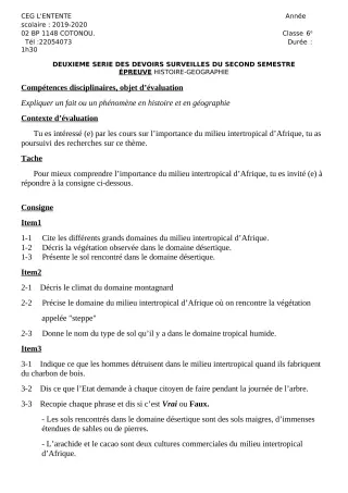Première page de Histoire-Géographie 6e — 2e devoir surveillé, 2e semestre (2019-2020) · CEG L'Entente