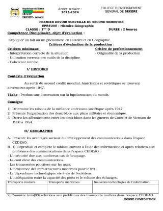 Première page de Histoire-Géographie 1ère D — 1er devoir surveillé, 2e semestre (2023-2024) · CEG SEKERE