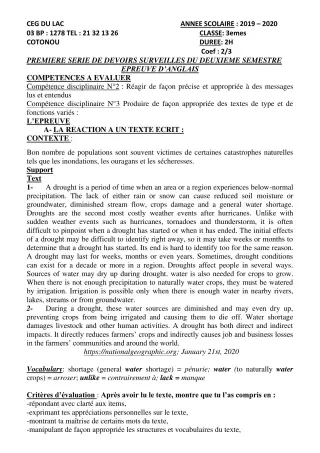 Première page de Anglais 3e, 3e ML — 1er devoir surveillé, 2e semestre (2019-2020) · CEG du Lac