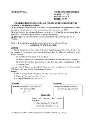 Première page de PCT 2nde D — 1er devoir surveillé, 1er semestre (2020-2021) · CEG Le Littoral