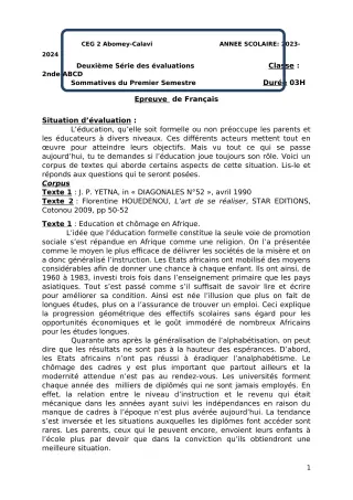Première page de Français 2nde A & B — Devoir surveillé, 1er semestre (2023-2024) · CEG2 ABOMEY - CALAVI (CEG ZOCA)