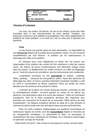 Première page de Français 3e, 3e ML — 1er devoir surveillé, 1er semestre (2018-2019) · CEG2 ABOMEY - CALAVI (CEG ZOCA)