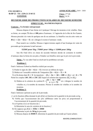 Première page de Mathématiques 2nde A & B — 2e production scolaire, 2e semestre (2019-2020) · CEG SEGBEYA