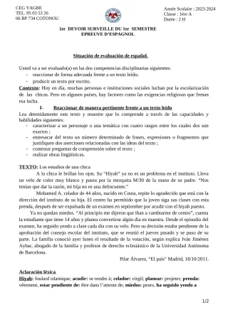 Première page de Espagnol 1ère A1 — 1er devoir surveillé, 1er semestre (2023-2024) · CEG Yagbe
