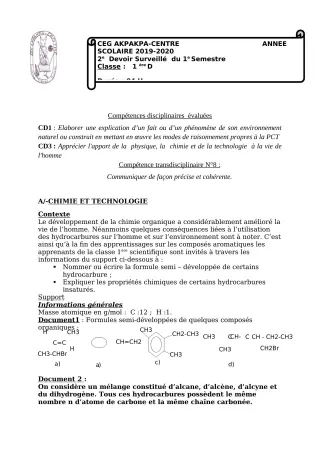 Première page de PCT 1ère D — 2e devoir surveillé, 1er semestre (2019-2020) · CEG 1 Akpakpa-Centre
