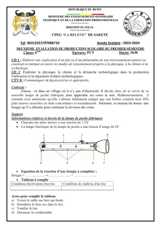 Première page de PCT 6e — Production scolaire, 1er semestre (2023-2024) · CPEG LA RELEVE