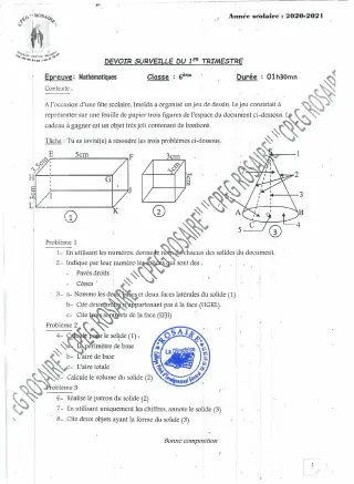 Première page de Mathématiques 6e — Devoir surveillé, 1er trimestre (2020-2021) · CPEG ROSAIRE
