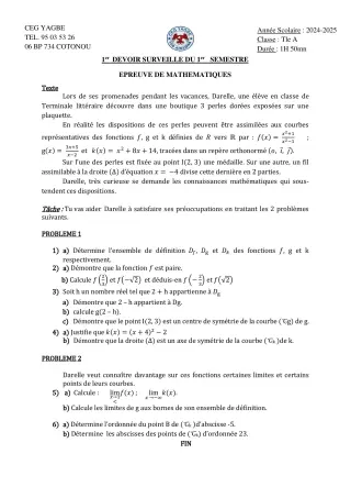 Première page de Mathématiques 3e, Tle A2 — 1er devoir surveillé, 1er semestre (2024-2025) · CEG Yagbe
