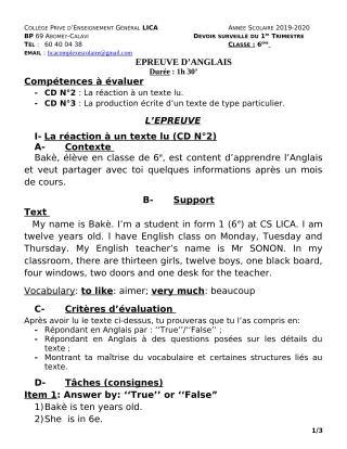 Première page de Anglais 6e — Devoir surveillé, 1er trimestre (2019-2020) · CPEG LICA