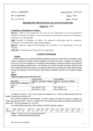 Première page de PCT Tle D — 1er devoir surveillé, 2e semestre (2018-2019) · CEG Le Méridien