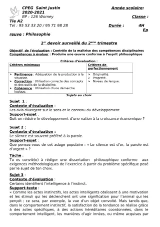 Première page de Philosophie Tle A2, Tle B, Tle D — 1er devoir surveillé, 2e trimestre (2020-2021) · CPEG SAINT Justin