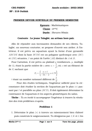 Première page de Mathématiques 2nde C — 1er devoir surveillé, 1er semestre (2022-2023) · CEG PAHOU
