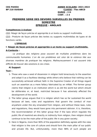 Première page de Anglais Tle A1, Tle A2, Tle B, Tle C, Tle D — 1er devoir surveillé, 1er semestre (2021-2022) · CEG PAHOU