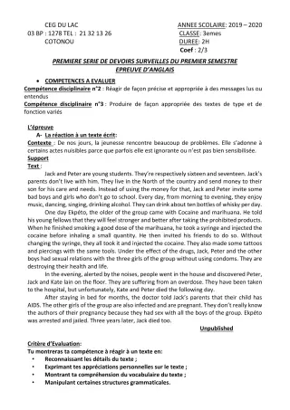 Première page de Anglais 3e, 3e ML — 1er devoir surveillé, 1er semestre (2019-2020) · CEG du Lac