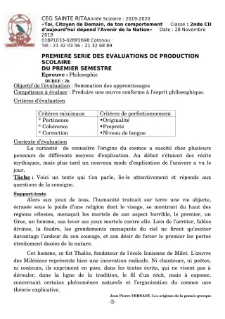 Première page de Philosophie 2nde A2, 2nde B, 2nde C, 2nde D, 1ère A2, 1ère B, 1ère C, 1ère D, Tle A2, Tle B, Tle C, Tle D — Production scolaire, 1er semestre (2019-2020) · CEG Sainte Rita