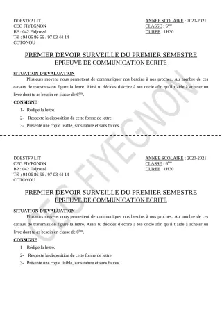 Première page de Français 6e — 1er devoir surveillé, 1er semestre (2020-2021) · CEG FIYEGNON
