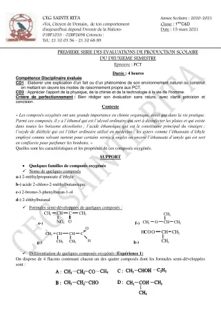 Première page de PCT 1ère C, 1ère D — Production scolaire, 2e semestre (2020-2021) · CEG Sainte Rita