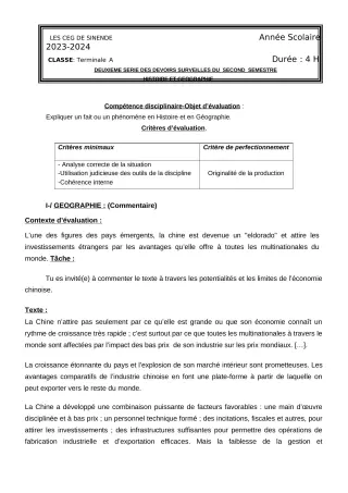 Première page de Histoire-Géographie Tle A2 — 2e devoir surveillé, 2e semestre (2023-2024) · CEG SEKERE