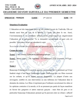 Première page de Devoir surveillé de FRANCAIS — 2nde A2, 2nde B, 2nde C, 2nde D — CEG Yagbe (2023)
